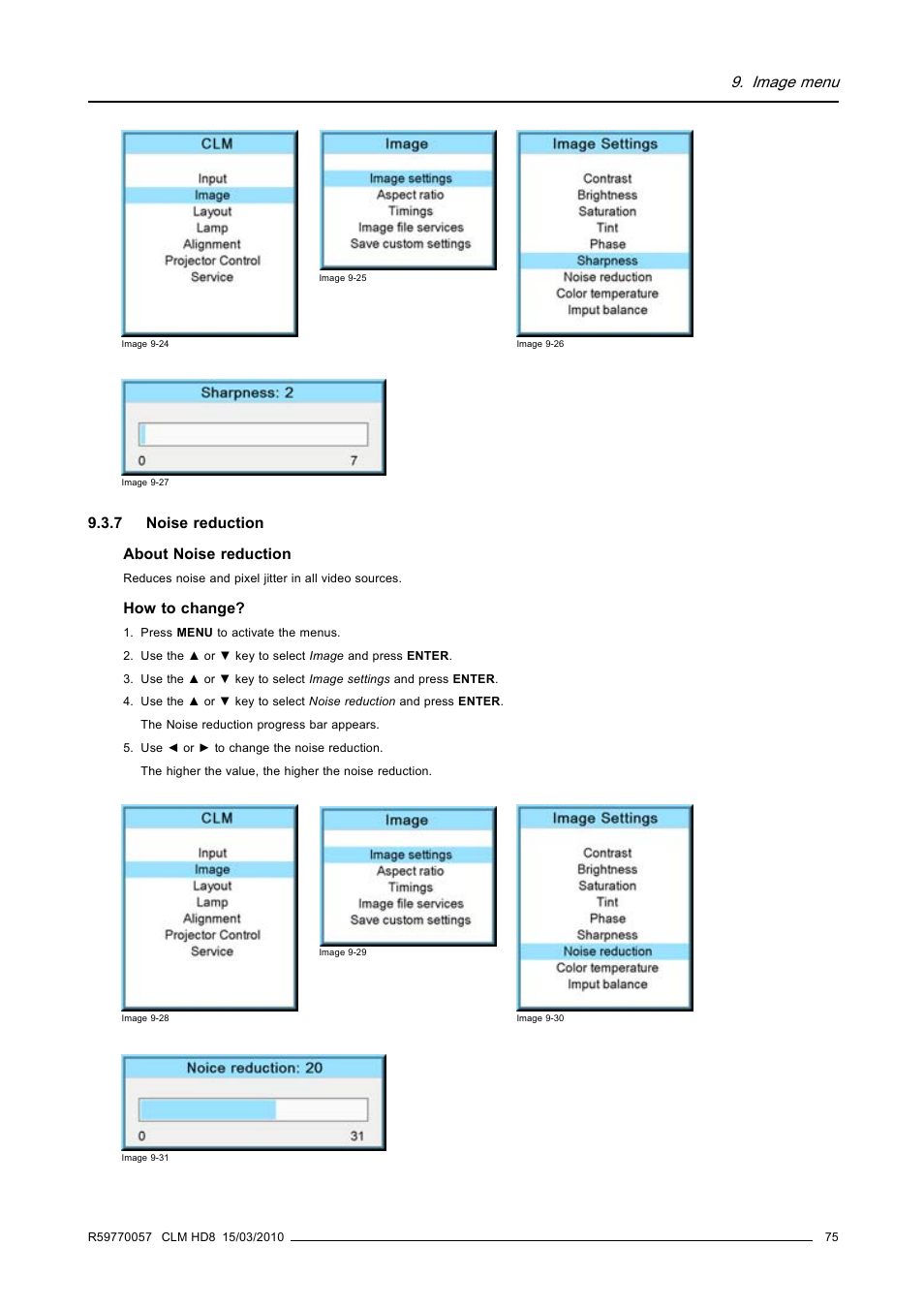 7 noise reduction, Noise reduction, Image menu | Barco CLM HD8 R9050130 User Manual | Page 79 / 231