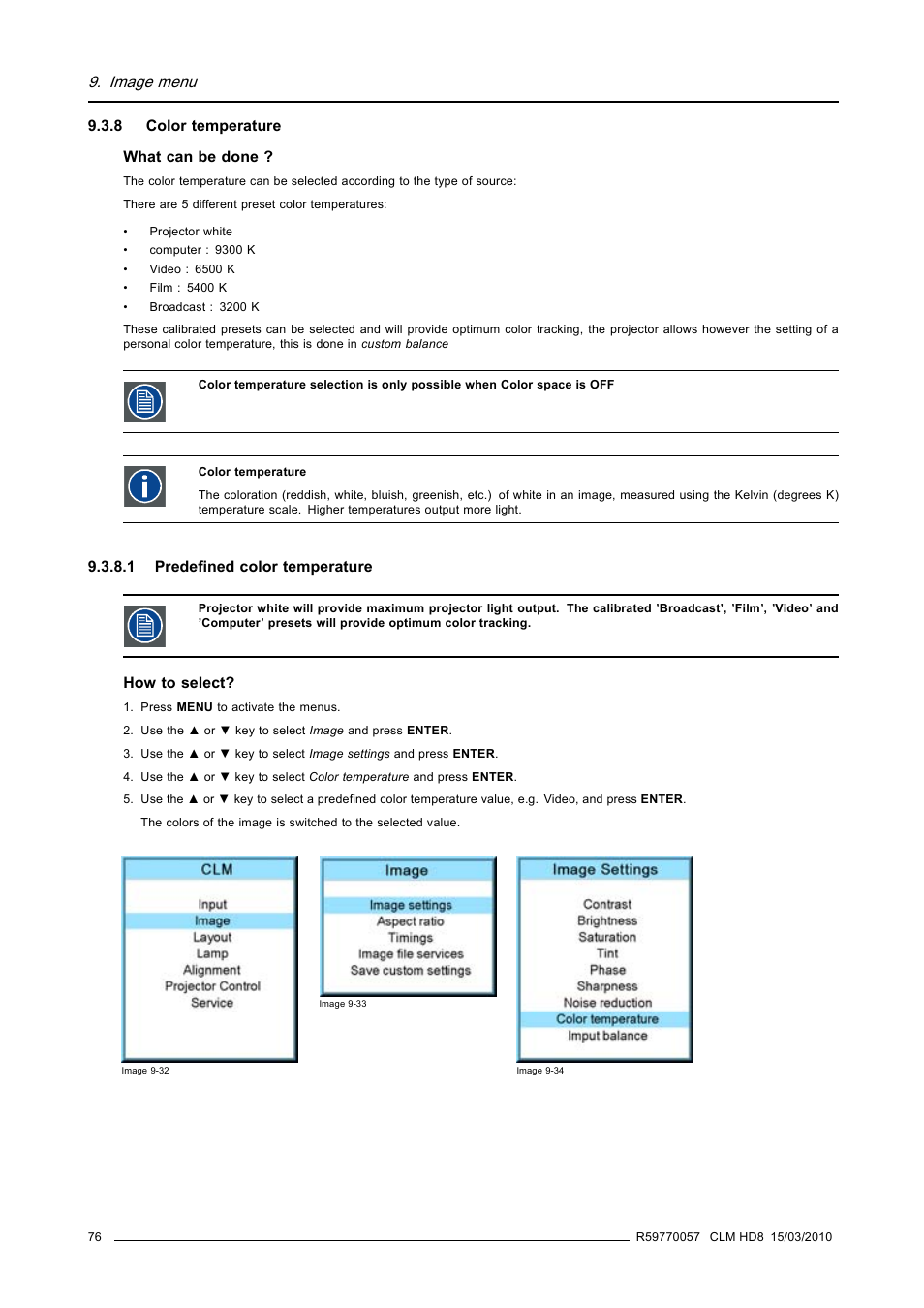 8 color temperature, 1 predefined color temperature, Color temperature | Predefined color temperature, Image menu | Barco CLM HD8 R9050130 User Manual | Page 80 / 231