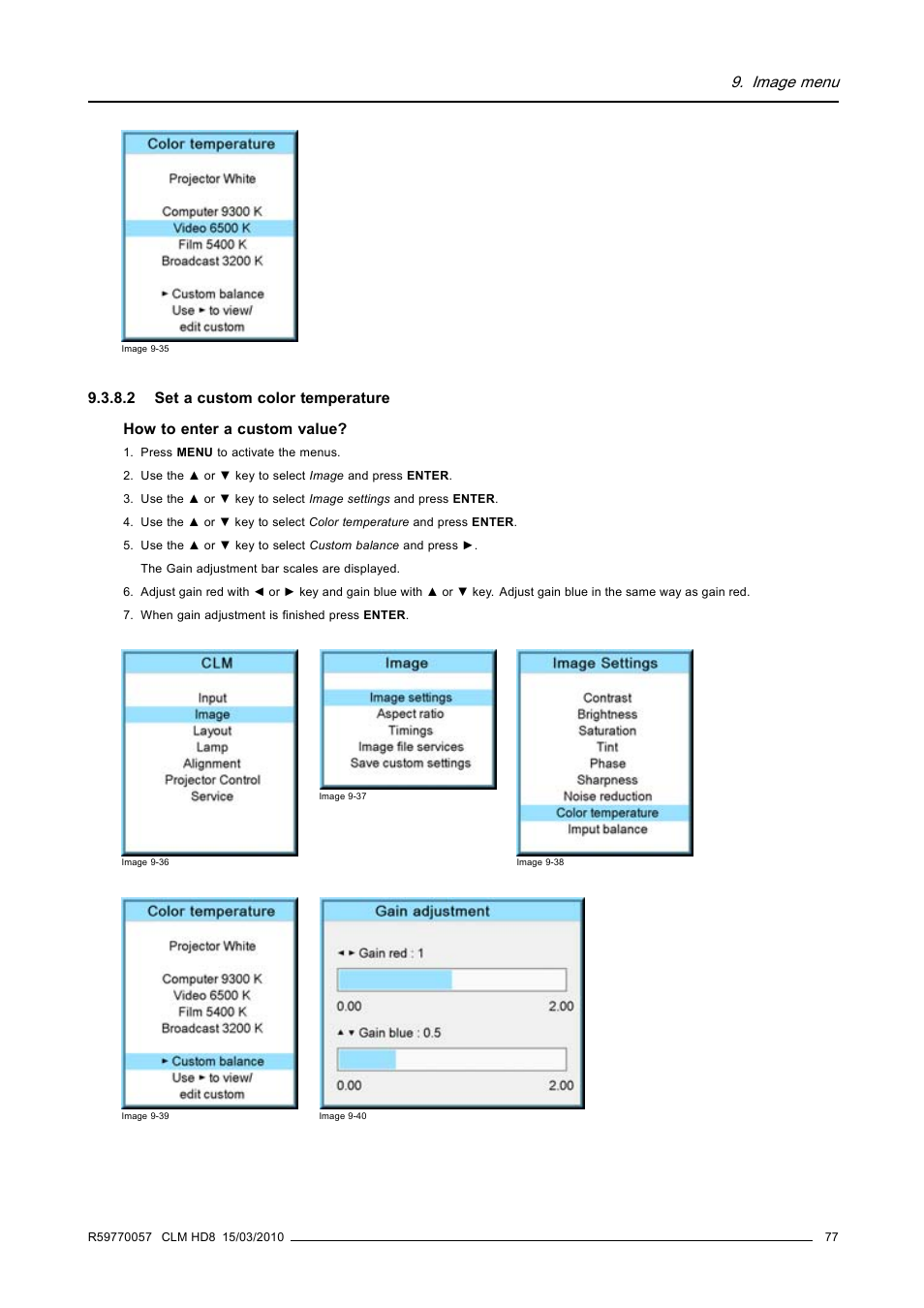 2 set a custom color temperature, Set a custom color temperature, Image menu | Barco CLM HD8 R9050130 User Manual | Page 81 / 231