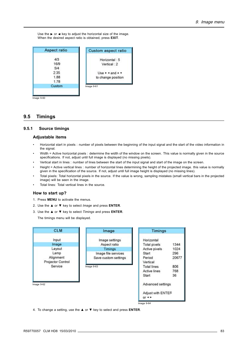 5 timings, 1 source timings, Timings | Source timings, Image menu | Barco CLM HD8 R9050130 User Manual | Page 87 / 231