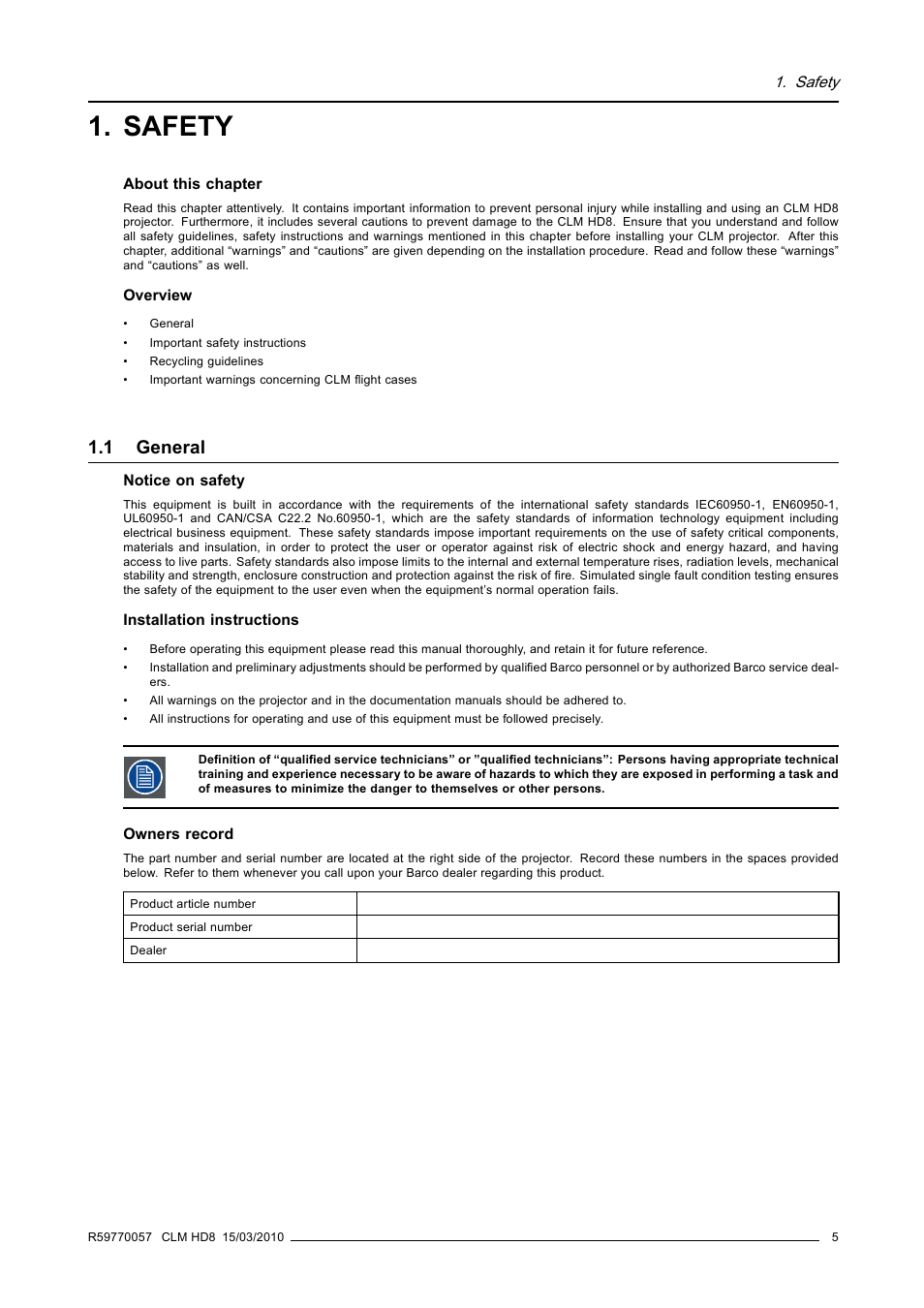 Safety, 1 general, General | Barco CLM HD8 R9050130 User Manual | Page 9 / 231