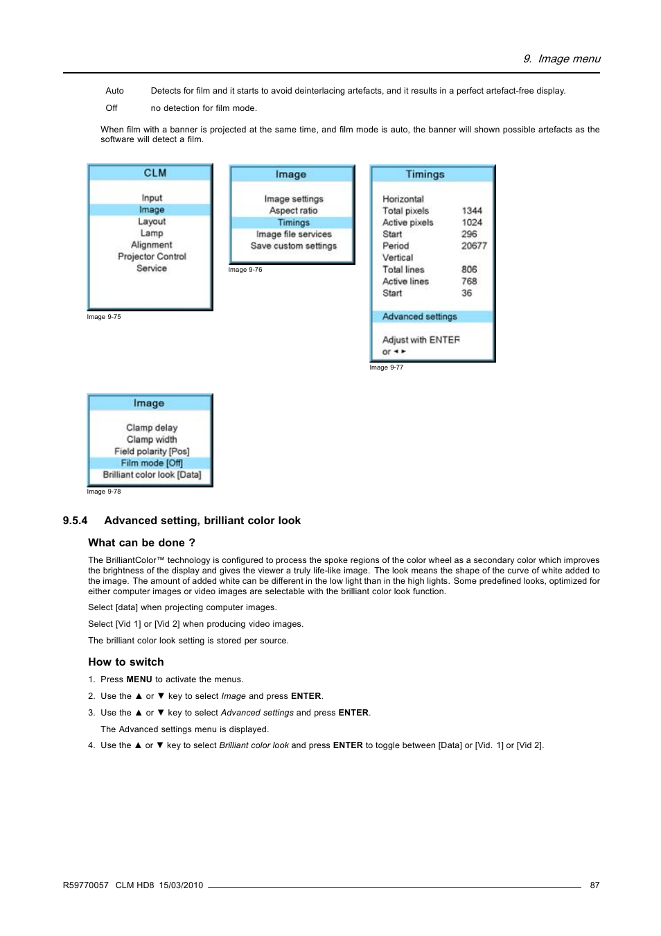 4 advanced setting, brilliant color look, Advanced setting, brilliant color look, Image menu | Barco CLM HD8 R9050130 User Manual | Page 91 / 231