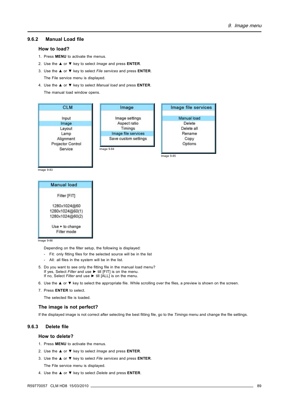 2 manual load file, 3 delete file, Manual load file | Delete file, Image menu | Barco CLM HD8 R9050130 User Manual | Page 93 / 231