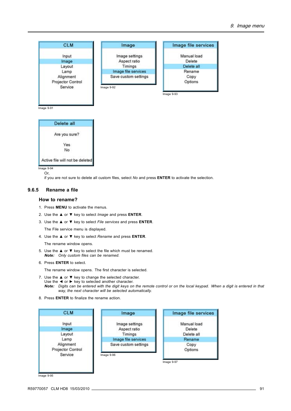 5 rename a file, Rename a file, Image menu | Barco CLM HD8 R9050130 User Manual | Page 95 / 231