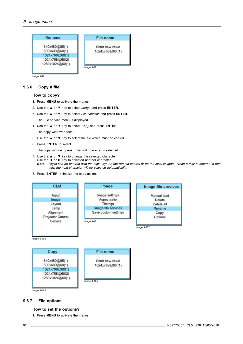 6 copy a file, 7 file options, Copy a file | File options, Image menu | Barco CLM HD8 R9050130 User Manual | Page 96 / 231