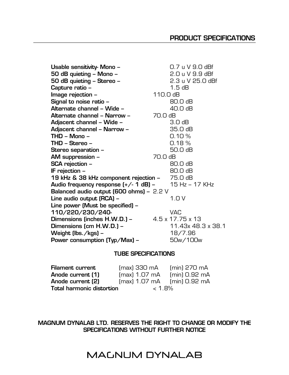 Product specifications 14 | Magnum Dynalab MD-100T User Manual | Page 14 / 16