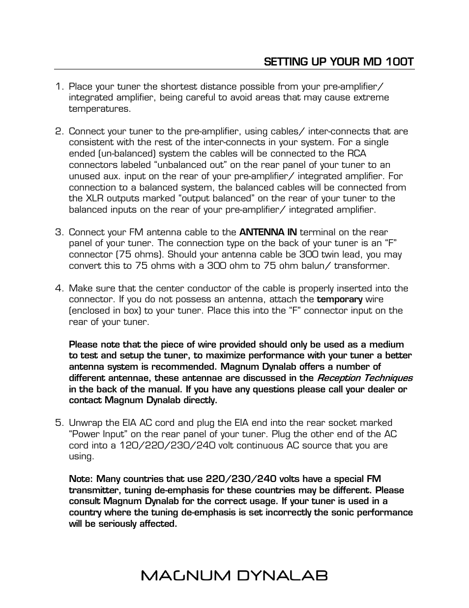Setting up your md 100t | Magnum Dynalab MD-100T User Manual | Page 5 / 16