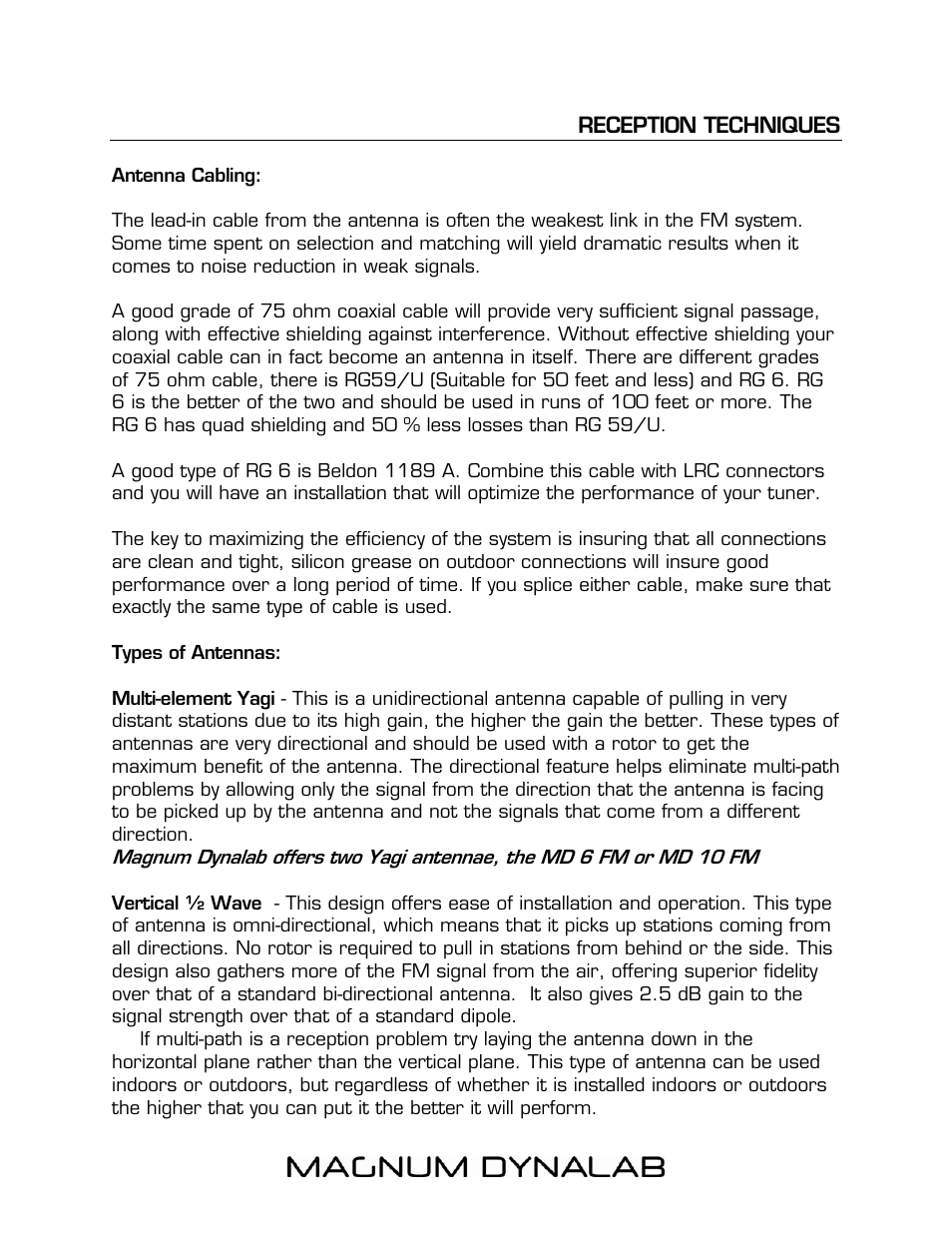 Reception techniques, Antenna cabling, Reception techniques 12 | Types of antennas | Magnum Dynalab MD-100 User Manual | Page 12 / 16