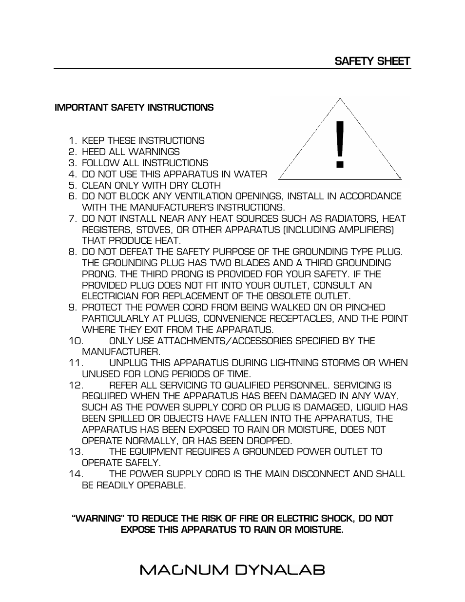 Safety sheet, Safety sheet 15 | Magnum Dynalab MD-100 User Manual | Page 15 / 16