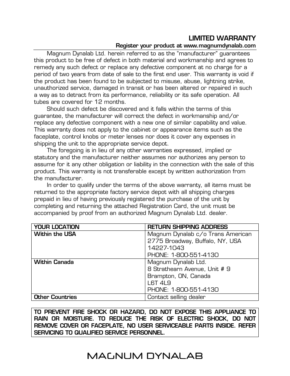 Limited warranty, Limited warranty 16 | Magnum Dynalab MD-100 User Manual | Page 16 / 16