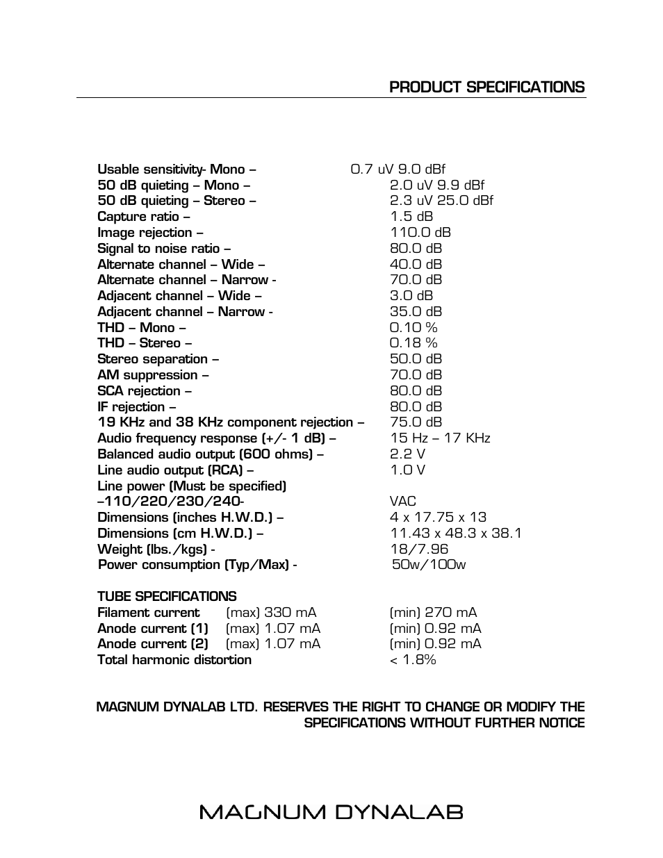 Product specifications, Signal to noise ratio – 80.0 db, Tube specifications | Product specifications 14 | Magnum Dynalab MD-90T User Manual | Page 14 / 16