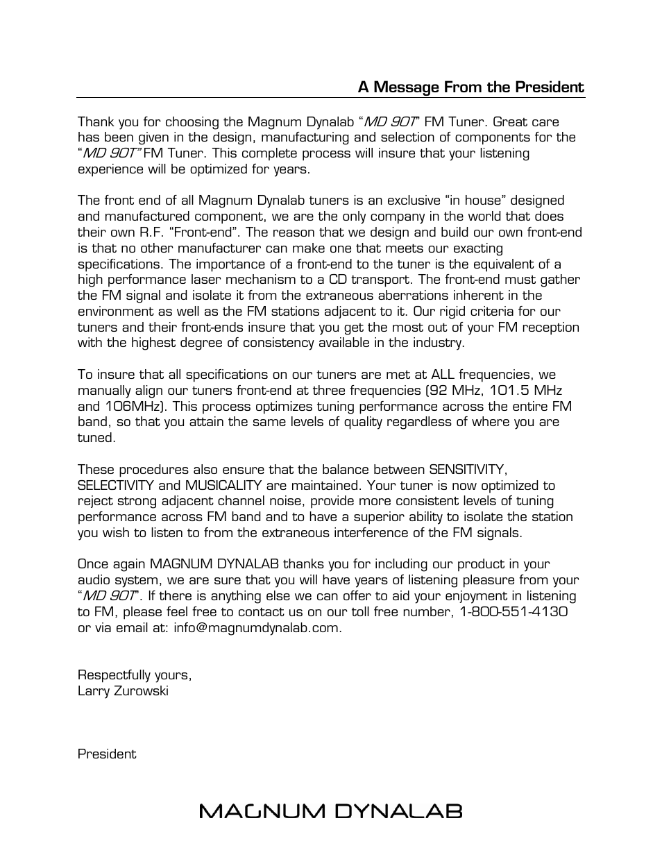A message from the president | Magnum Dynalab MD-90T User Manual | Page 3 / 16