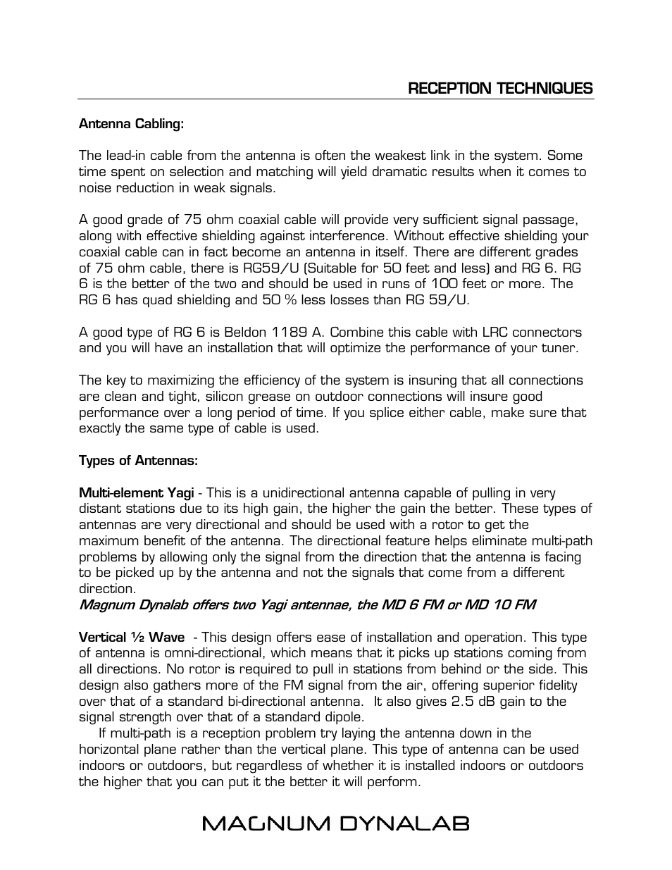 Reception techniques, Reception techniques 12, Antenna cabling | Types of antennas | Magnum Dynalab MD-90 User Manual | Page 12 / 16