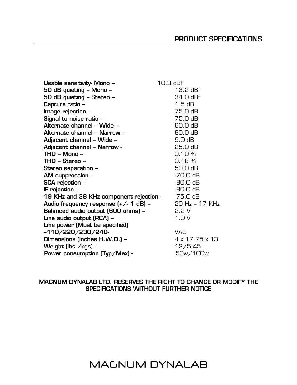 Product specifications, Signal to noise ratio – 75.0 db, Product specifications 14 | Magnum Dynalab MD-90 User Manual | Page 14 / 16