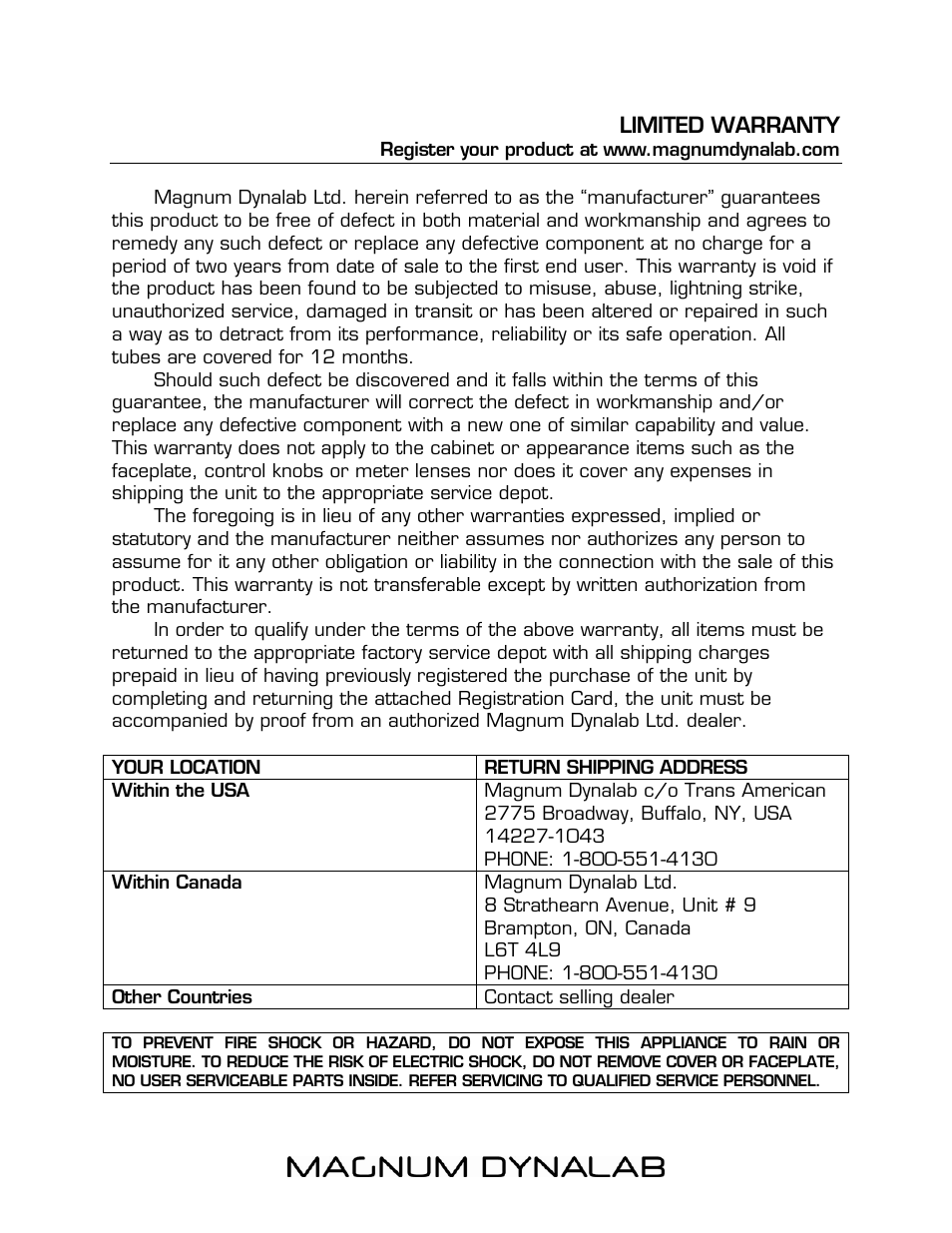 Limited warranty, Limited warranty 16 | Magnum Dynalab MD-90 User Manual | Page 16 / 16