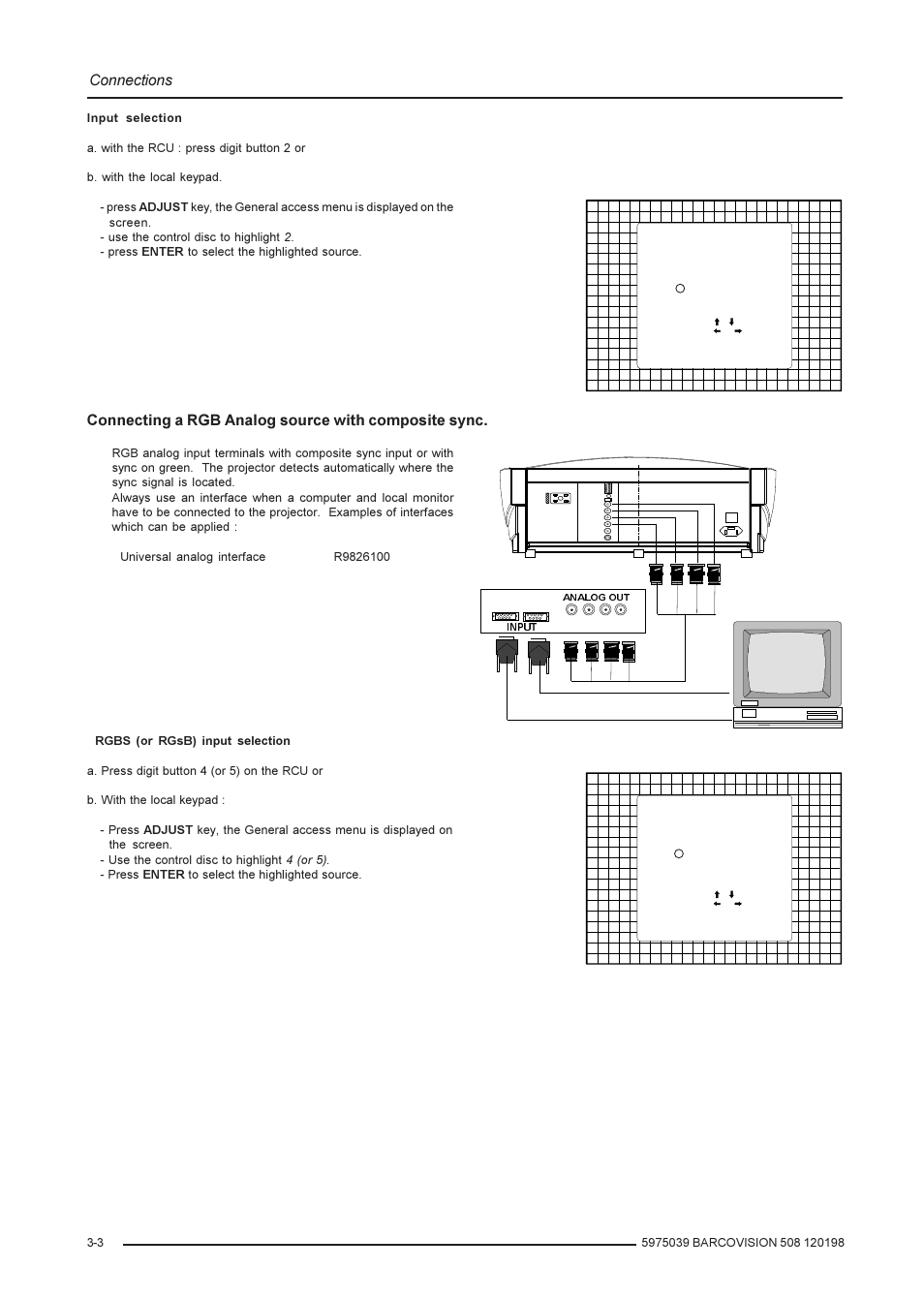 Connections, Connecting a rgb analog source with composite sync | Barco R9002139 User Manual | Page 12 / 50