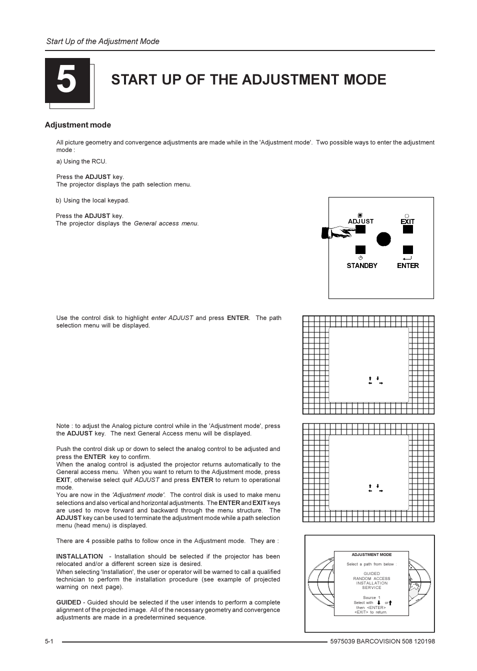 Start up of the adjustment mode, Adjustment mode | Barco R9002139 User Manual | Page 20 / 50