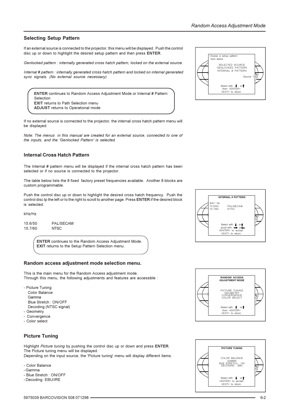 Random access adjustment mode, Selecting setup pattern, Internal cross hatch pattern | Random access adjustment mode selection menu, Picture tuning | Barco R9002139 User Manual | Page 23 / 50