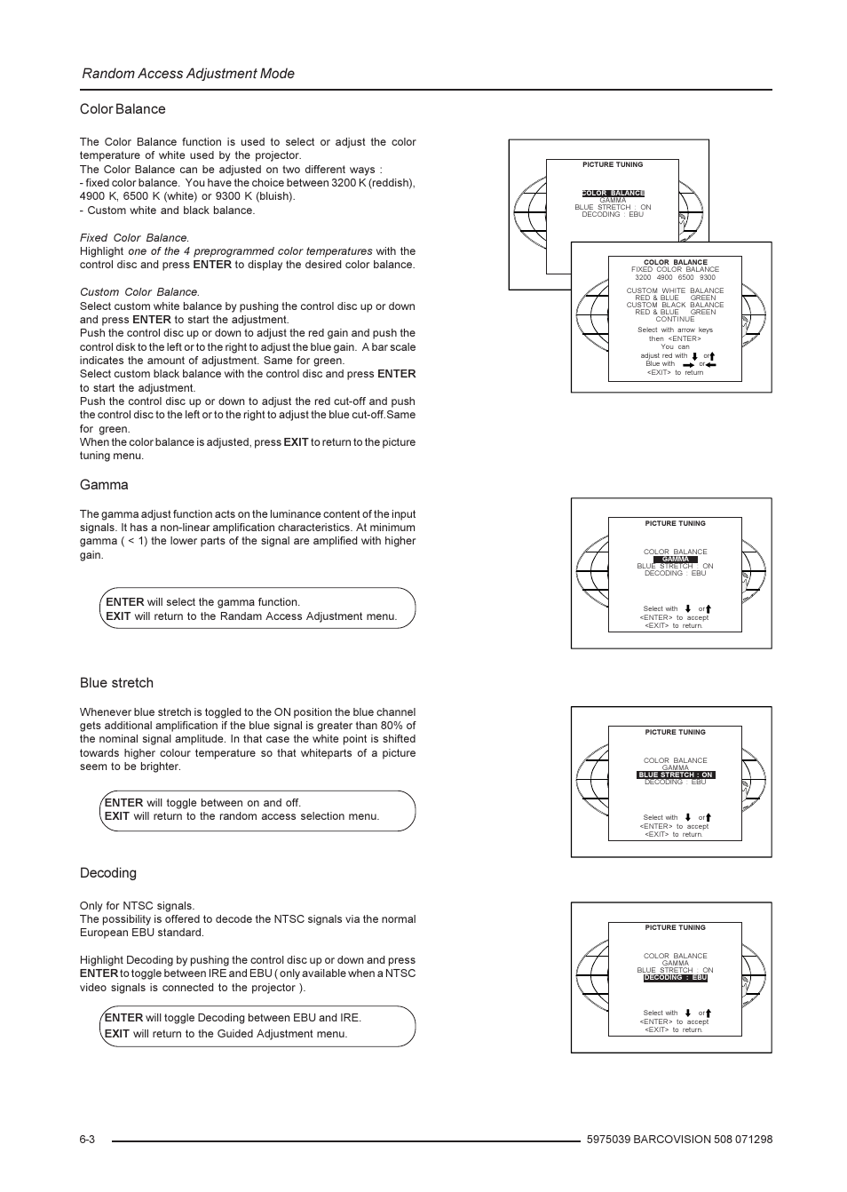 Random access adjustment mode, Color balance, Gamma | Blue stretch, Decoding | Barco R9002139 User Manual | Page 24 / 50