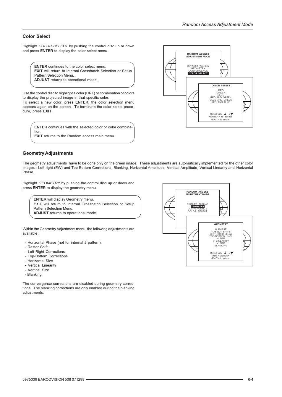 Random access adjustment mode, Geometry adjustments, Color select | Barco R9002139 User Manual | Page 25 / 50