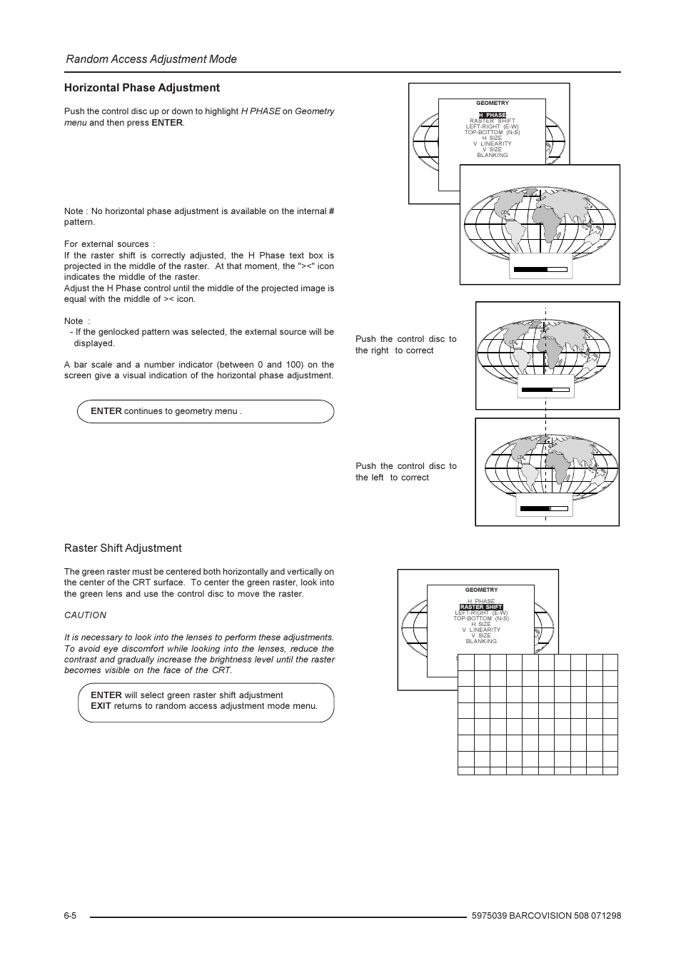 Random access adjustment mode, Horizontal phase adjustment, Raster shift adjustment | Barco R9002139 User Manual | Page 26 / 50