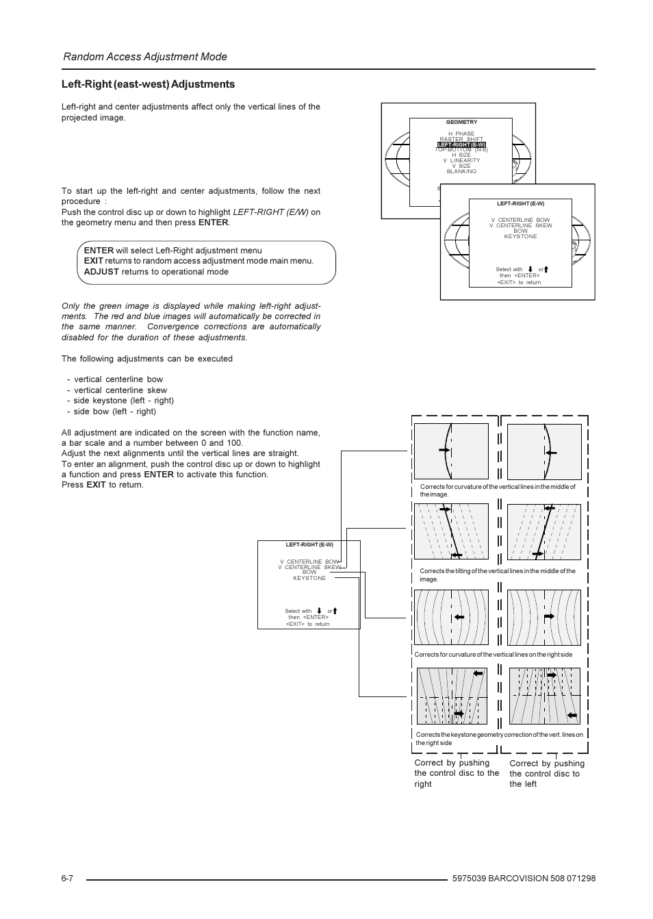Random access adjustment mode, Left-right (east-west) adjustments | Barco R9002139 User Manual | Page 28 / 50