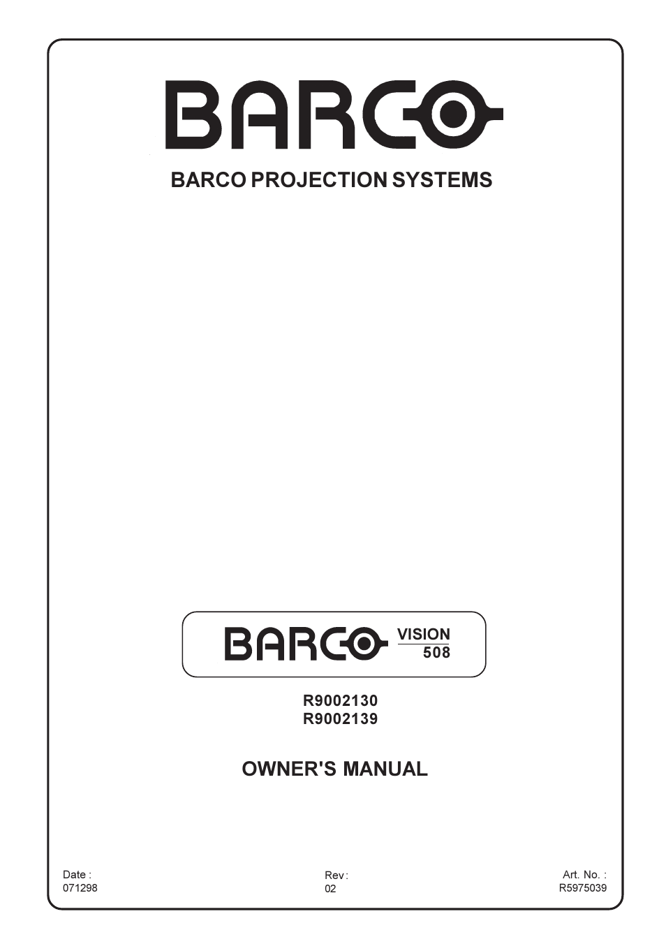 Barco projection systems, Owner's manual | Barco R9002139 User Manual | Page 3 / 50