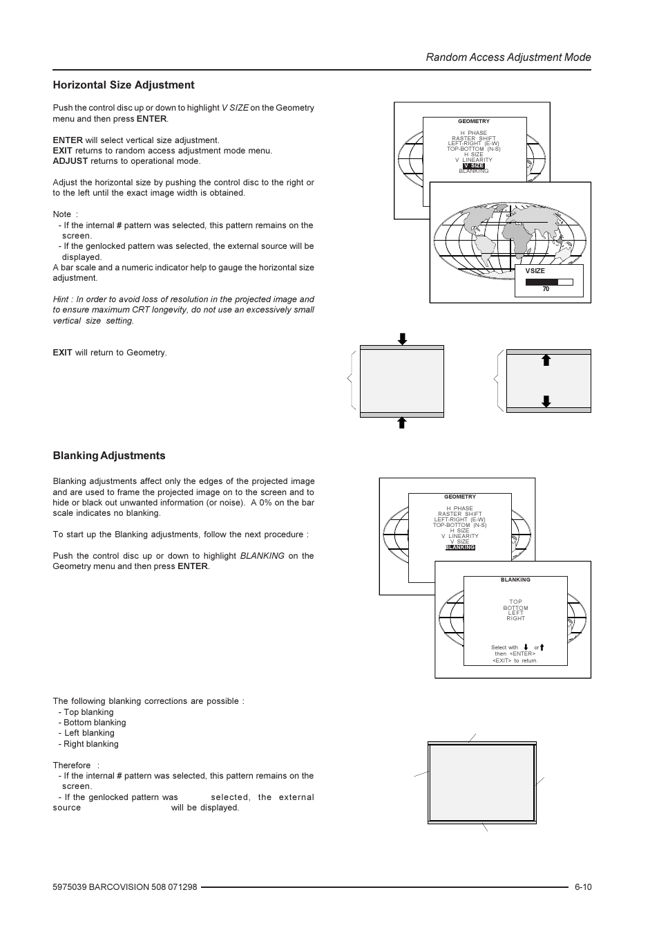 Random access adjustment mode, Blanking adjustments, Horizontal size adjustment | Barco R9002139 User Manual | Page 31 / 50