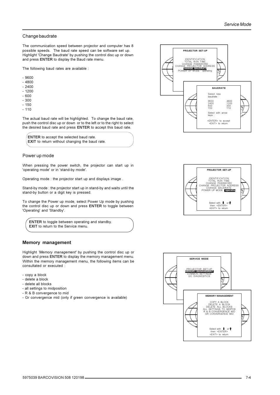 Service mode, Change baudrate, Power up mode | Barco R9002139 User Manual | Page 37 / 50