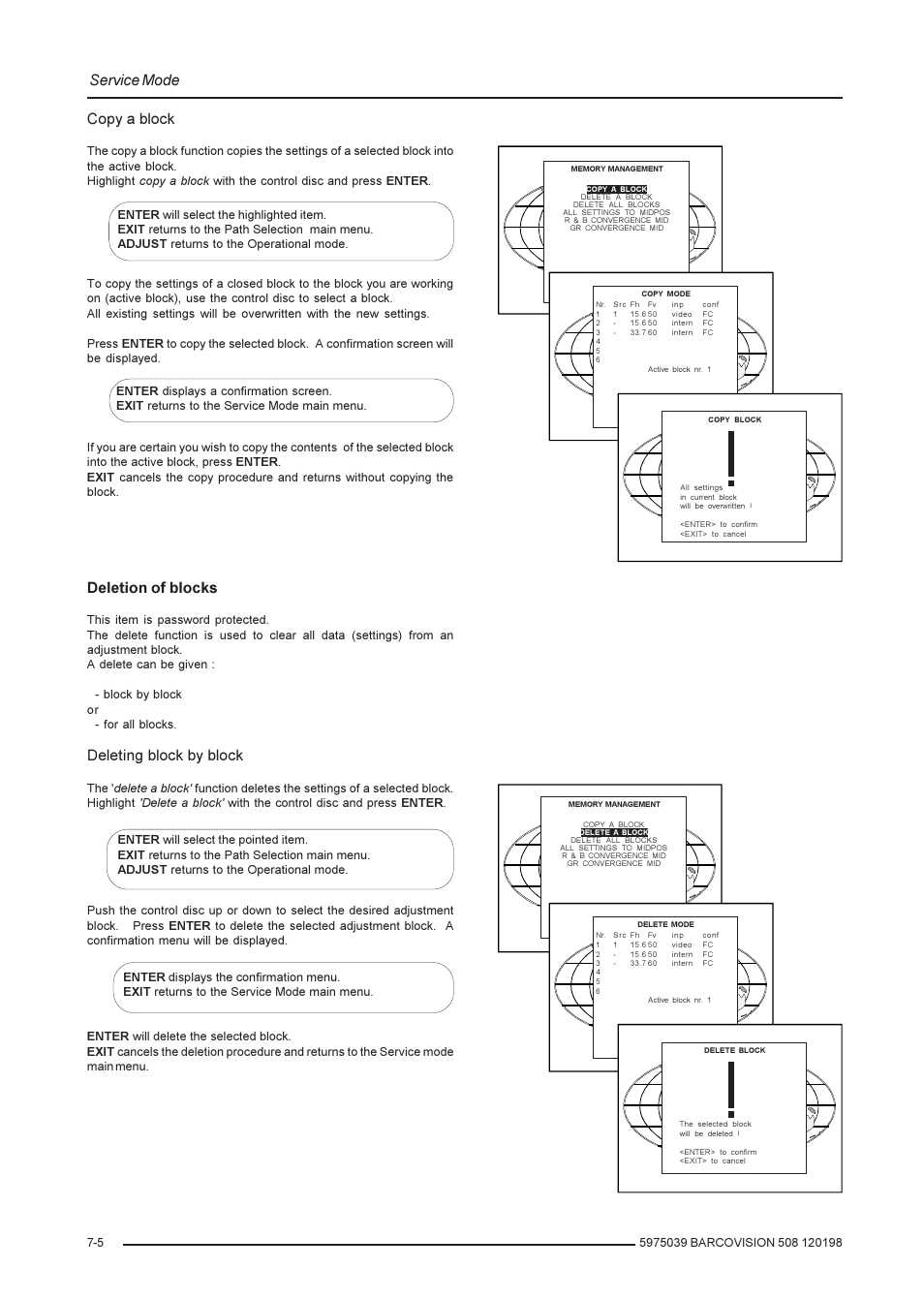 Service mode, Copy a block, Deletion of blocks | Deleting block by block | Barco R9002139 User Manual | Page 38 / 50