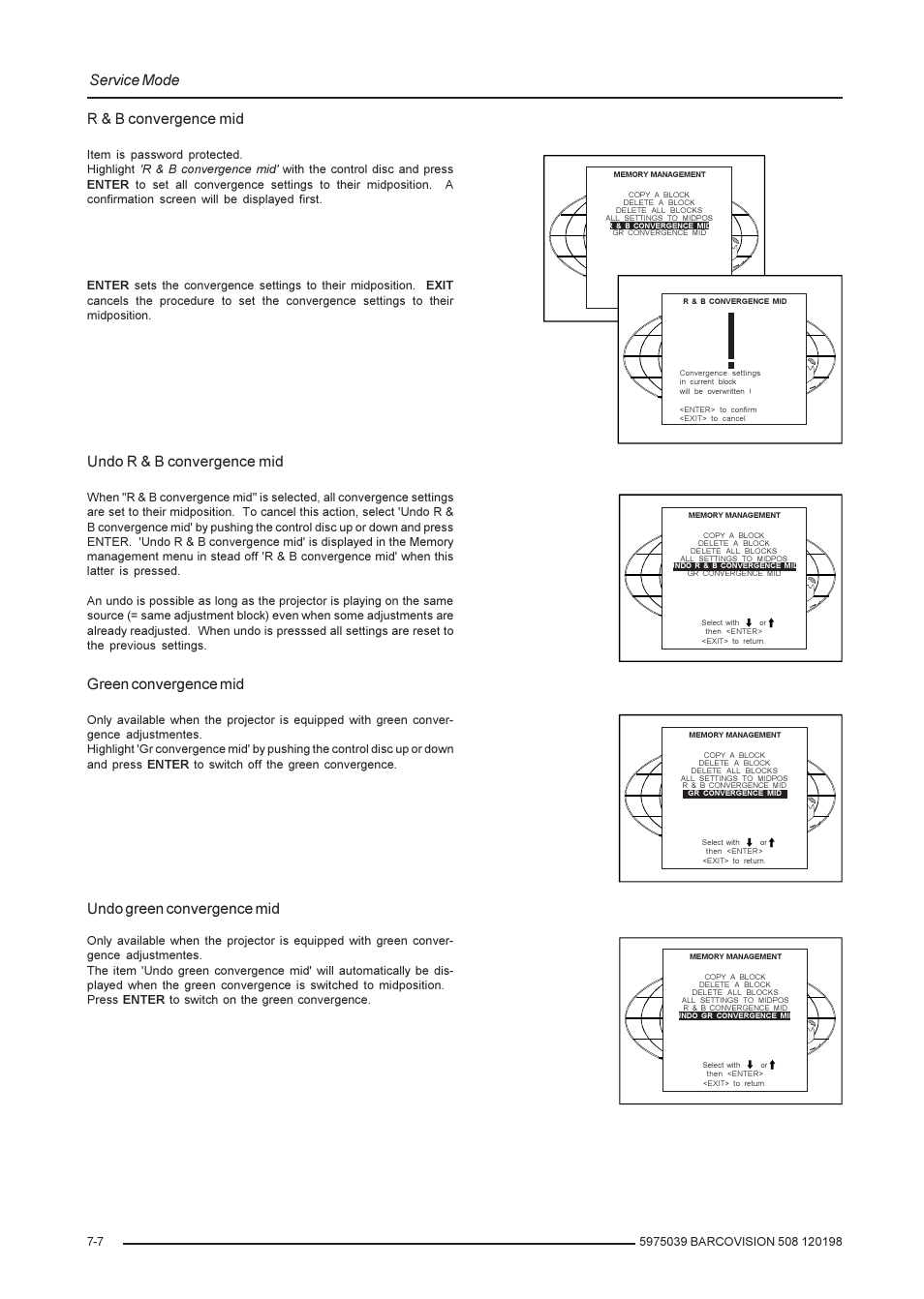 Service mode, R & b convergence mid, Undo r & b convergence mid | Green convergence mid, Undo green convergence mid | Barco R9002139 User Manual | Page 40 / 50