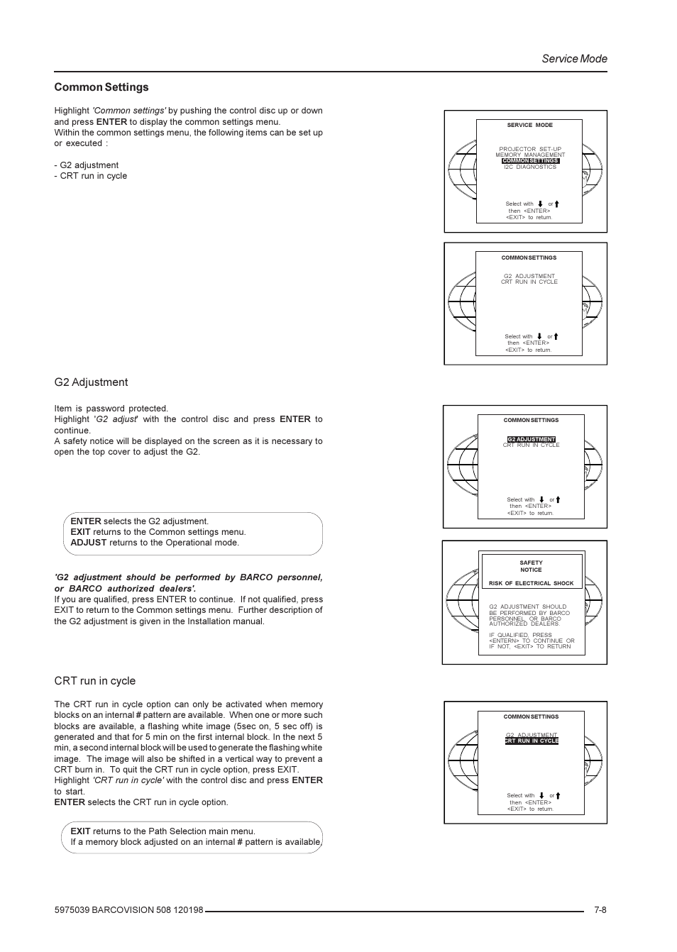 Service mode, Common settings, G2 adjustment | Crt run in cycle | Barco R9002139 User Manual | Page 41 / 50