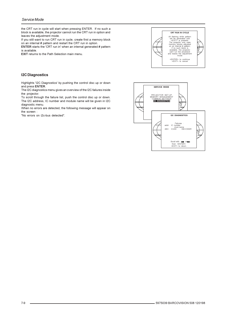 Service mode, I2c diagnostics | Barco R9002139 User Manual | Page 42 / 50