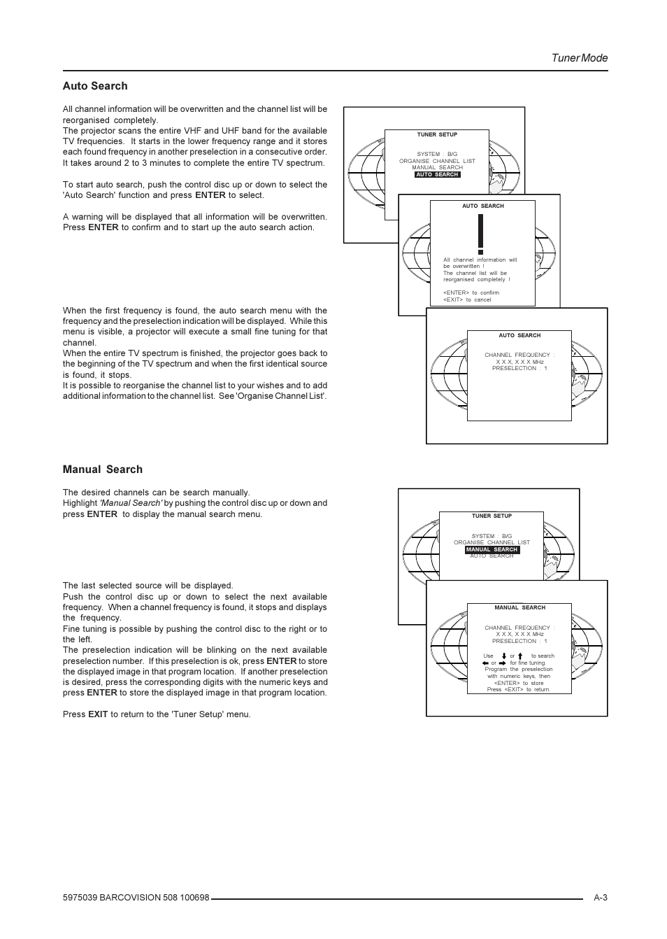 Tuner mode, Auto search, Manual search | Barco R9002139 User Manual | Page 47 / 50