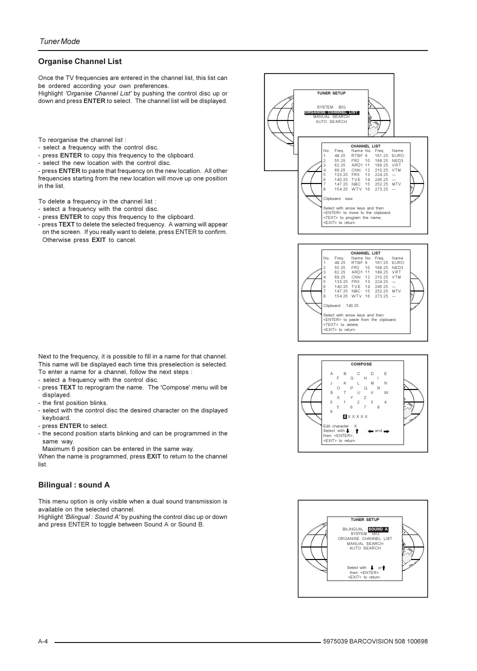 Tuner mode, Organise channel list, Bilingual : sound a | Barco R9002139 User Manual | Page 48 / 50