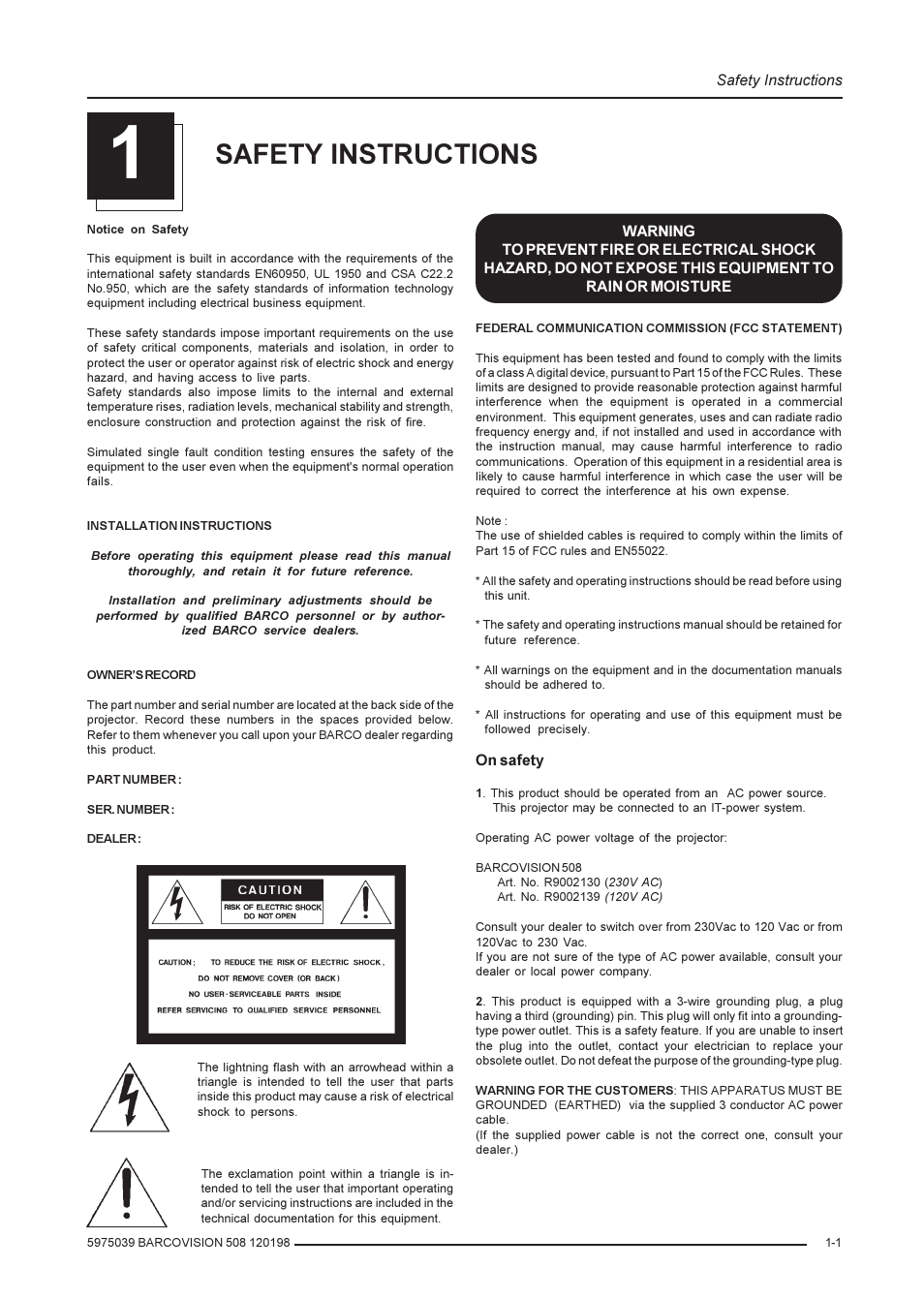 Safety instructions | Barco R9002139 User Manual | Page 5 / 50