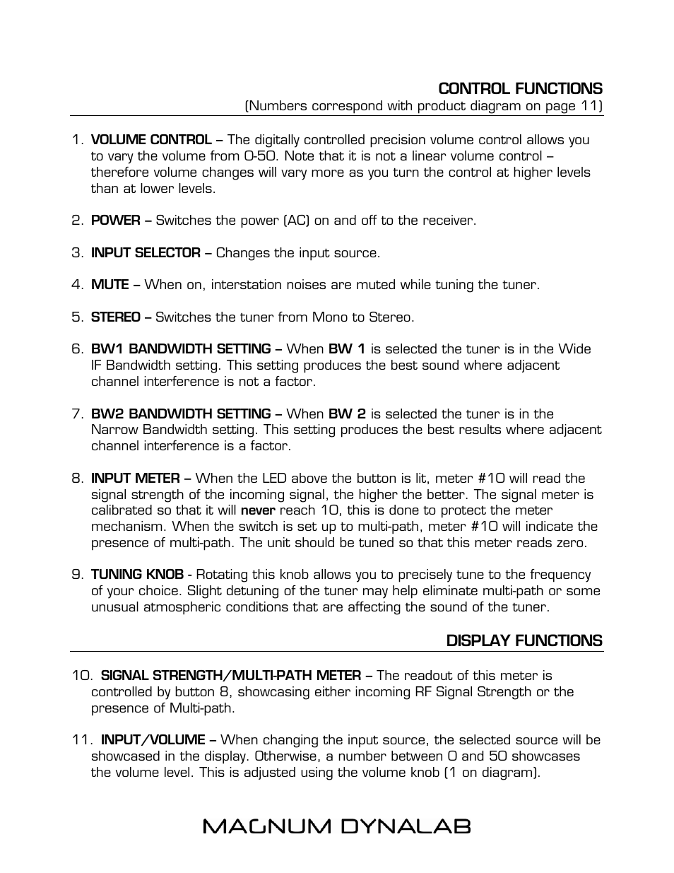 Control functions, Display functions | Magnum Dynalab MD-208 User Manual | Page 11 / 17