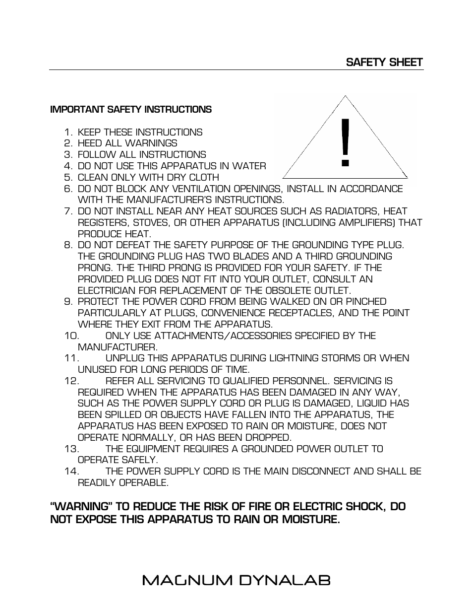 Safety sheet | Magnum Dynalab MD-208 User Manual | Page 16 / 17