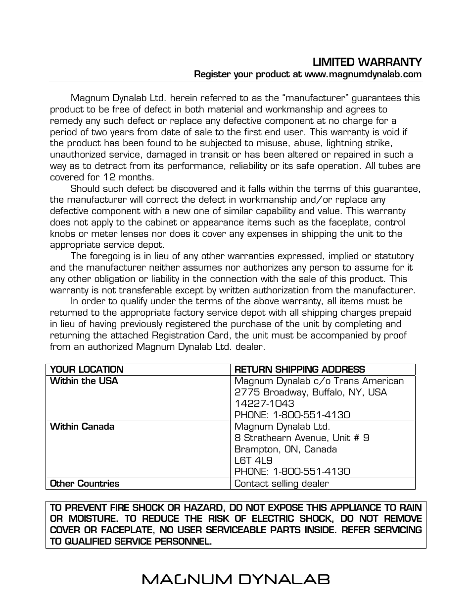 Limited warranty | Magnum Dynalab MD-208 User Manual | Page 17 / 17