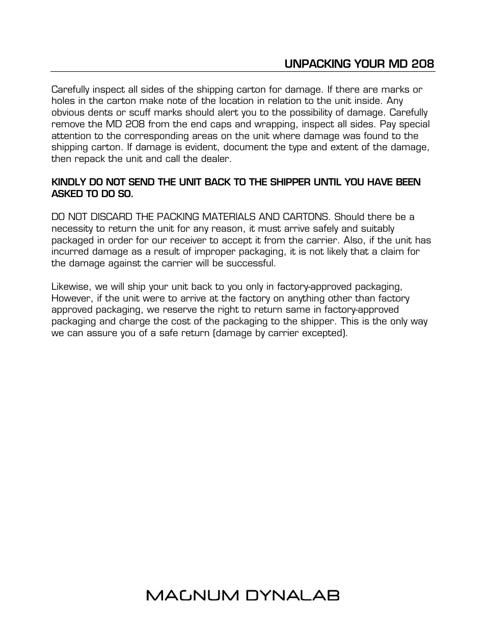 Unpacking your md 208 | Magnum Dynalab MD-208 User Manual | Page 4 / 17