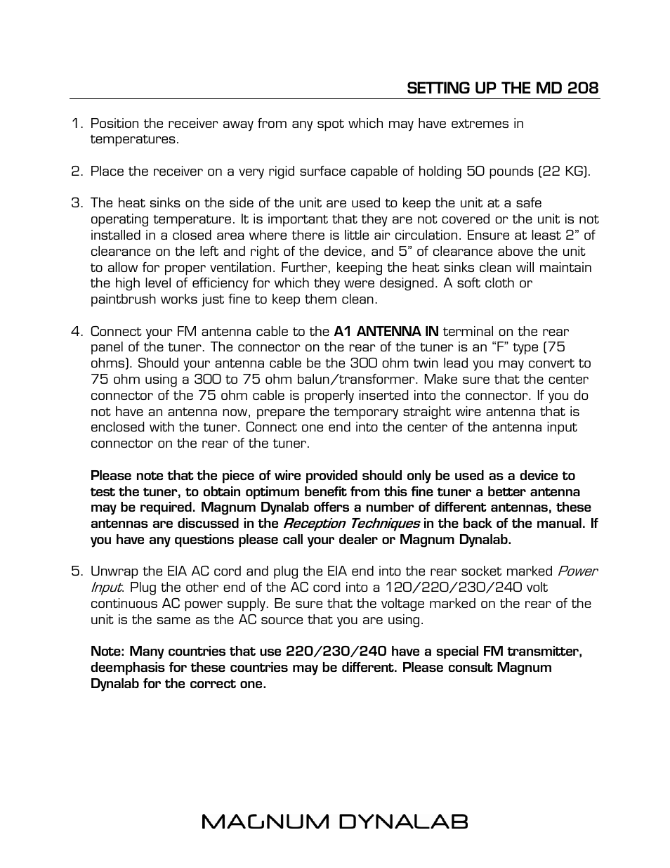 Setting up the md 208 | Magnum Dynalab MD-208 User Manual | Page 5 / 17