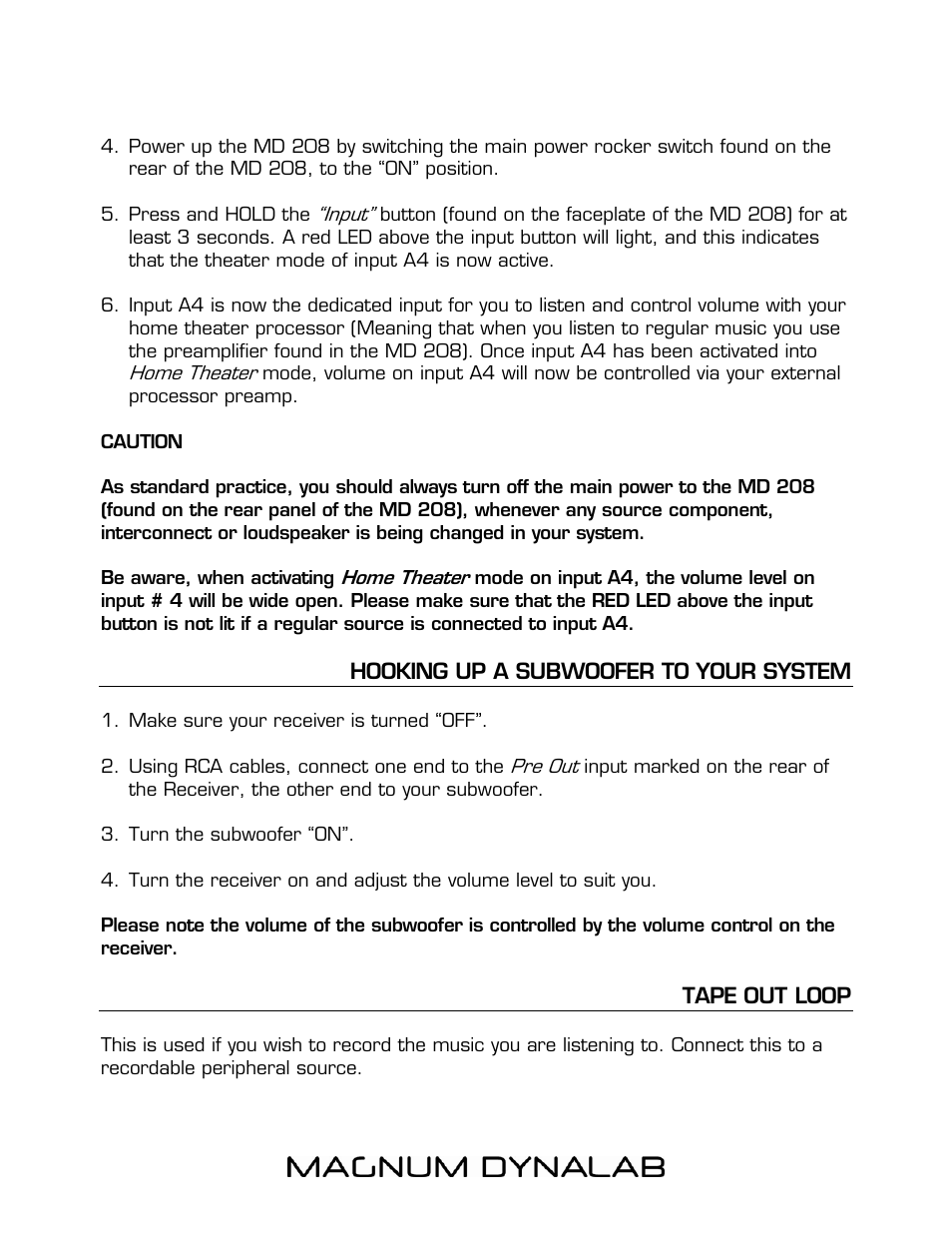 Caution, Hooking up a subwoofer to your system, Tape out loop | Magnum Dynalab MD-208 User Manual | Page 8 / 17
