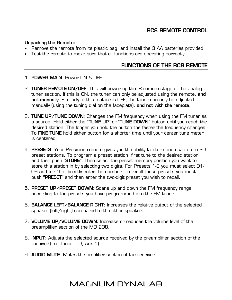 Rc8 remote control, Functions of the rc8 remote | Magnum Dynalab MD-208 User Manual | Page 9 / 17