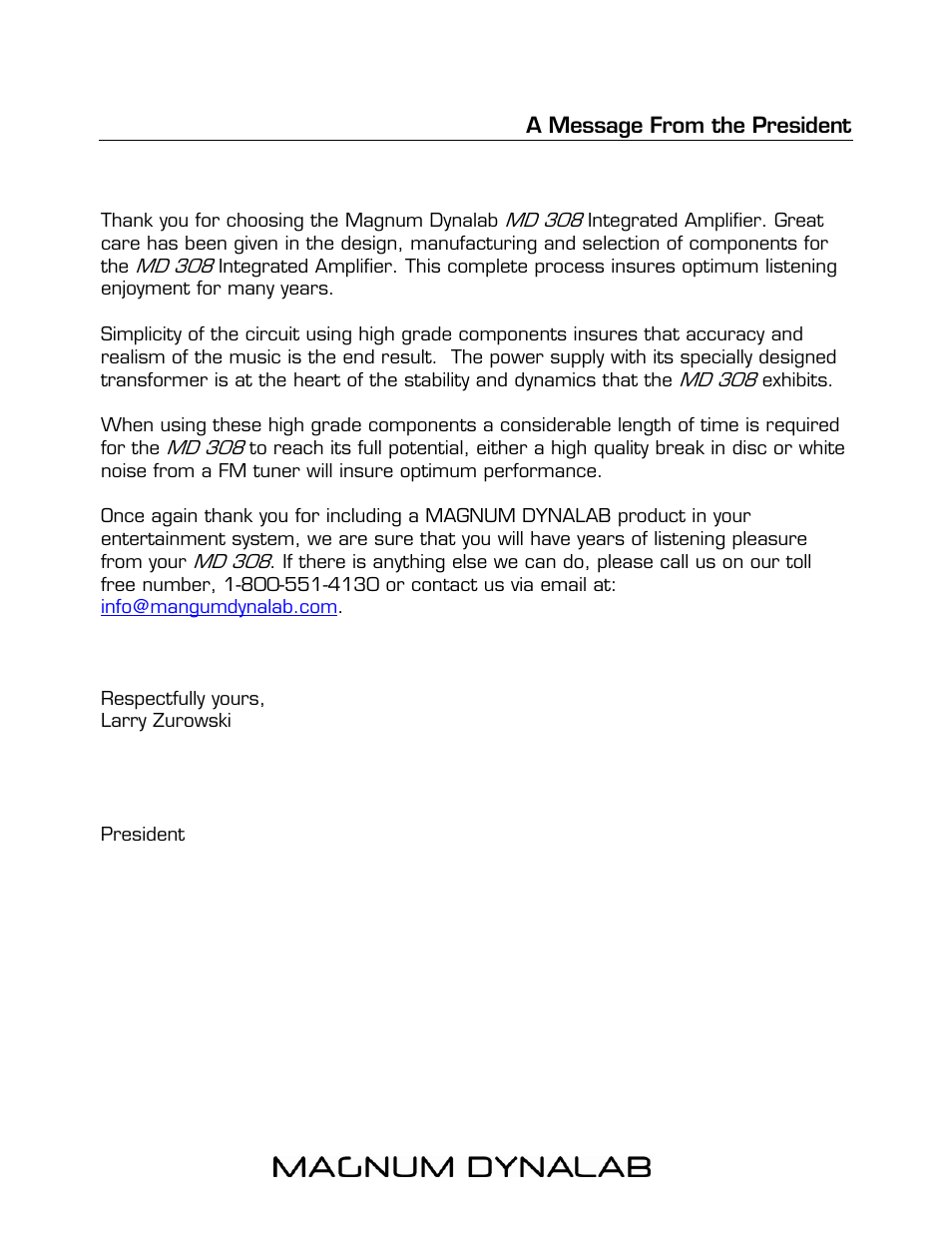 A message from the president | Magnum Dynalab MD-308 User Manual | Page 3 / 12