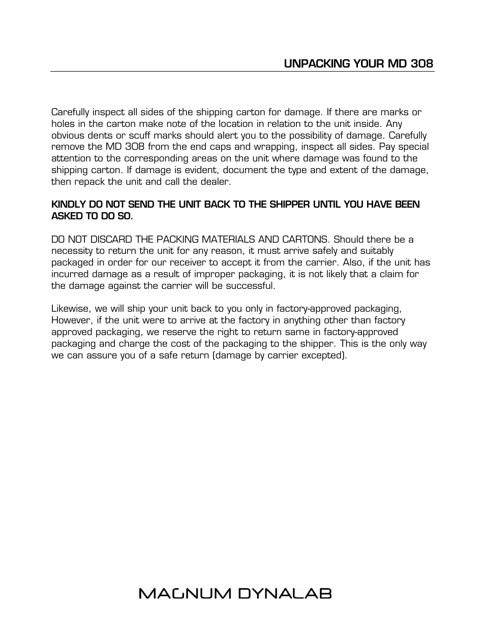 Unpacking your md 308 | Magnum Dynalab MD-308 User Manual | Page 4 / 12
