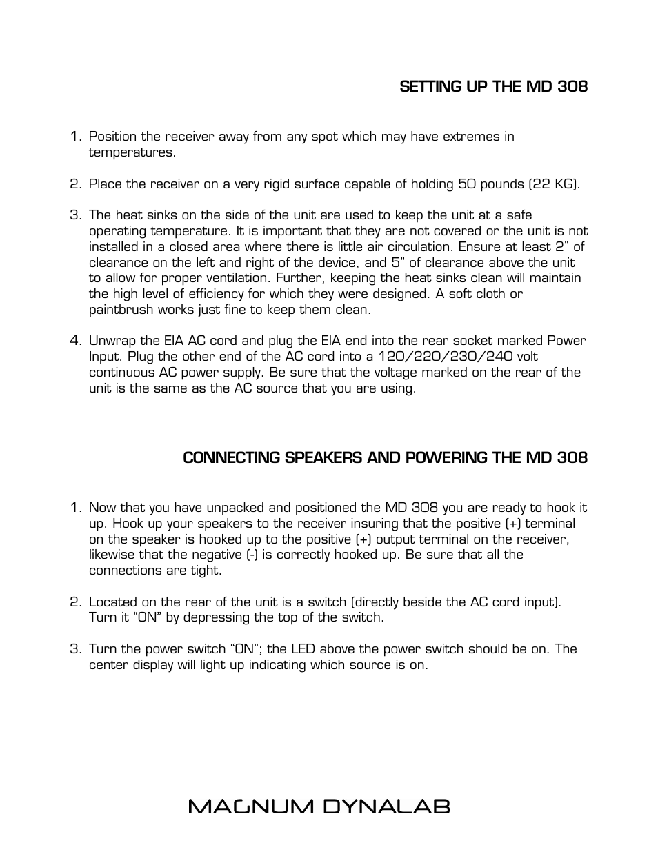 Setting up the md 308, Connecting speakers and powering the md 308 | Magnum Dynalab MD-308 User Manual | Page 5 / 12