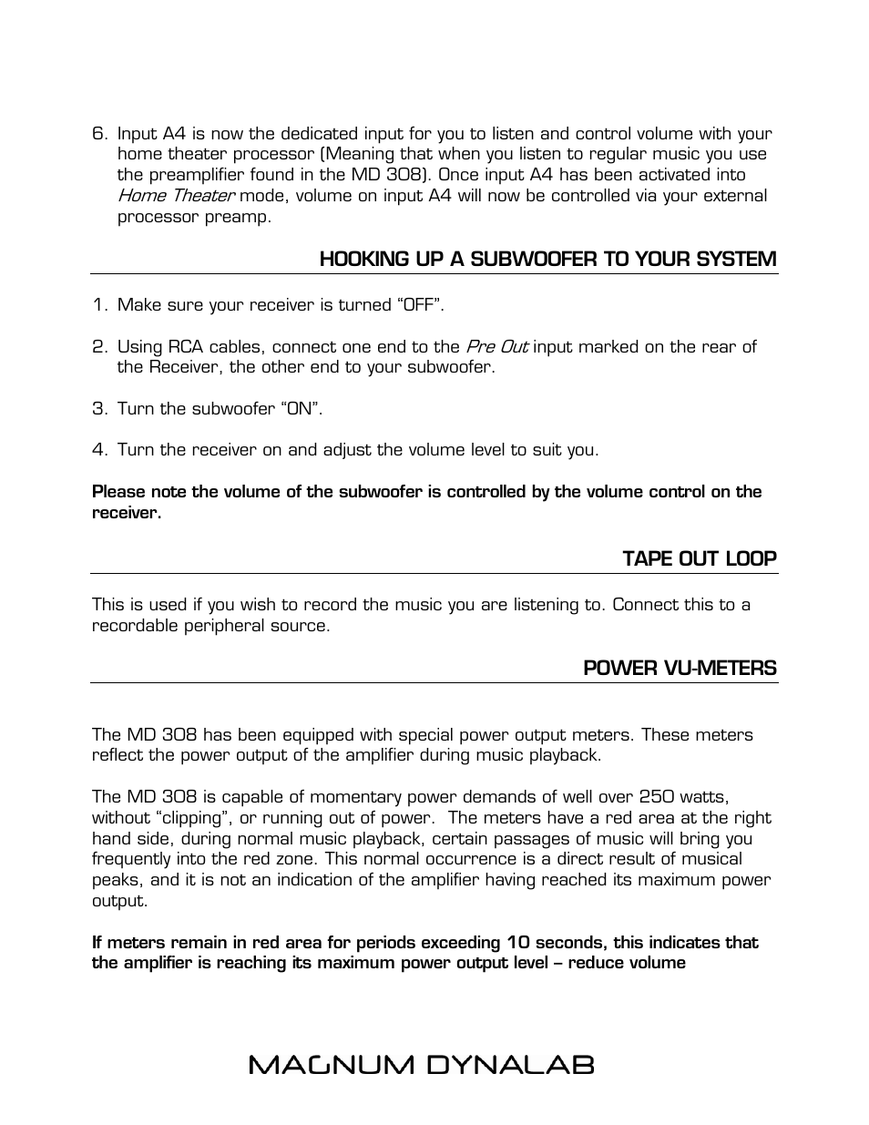Hooking up a subwoofer to your system, Tape out loop, Power vu-meters | Magnum Dynalab MD-308 User Manual | Page 7 / 12