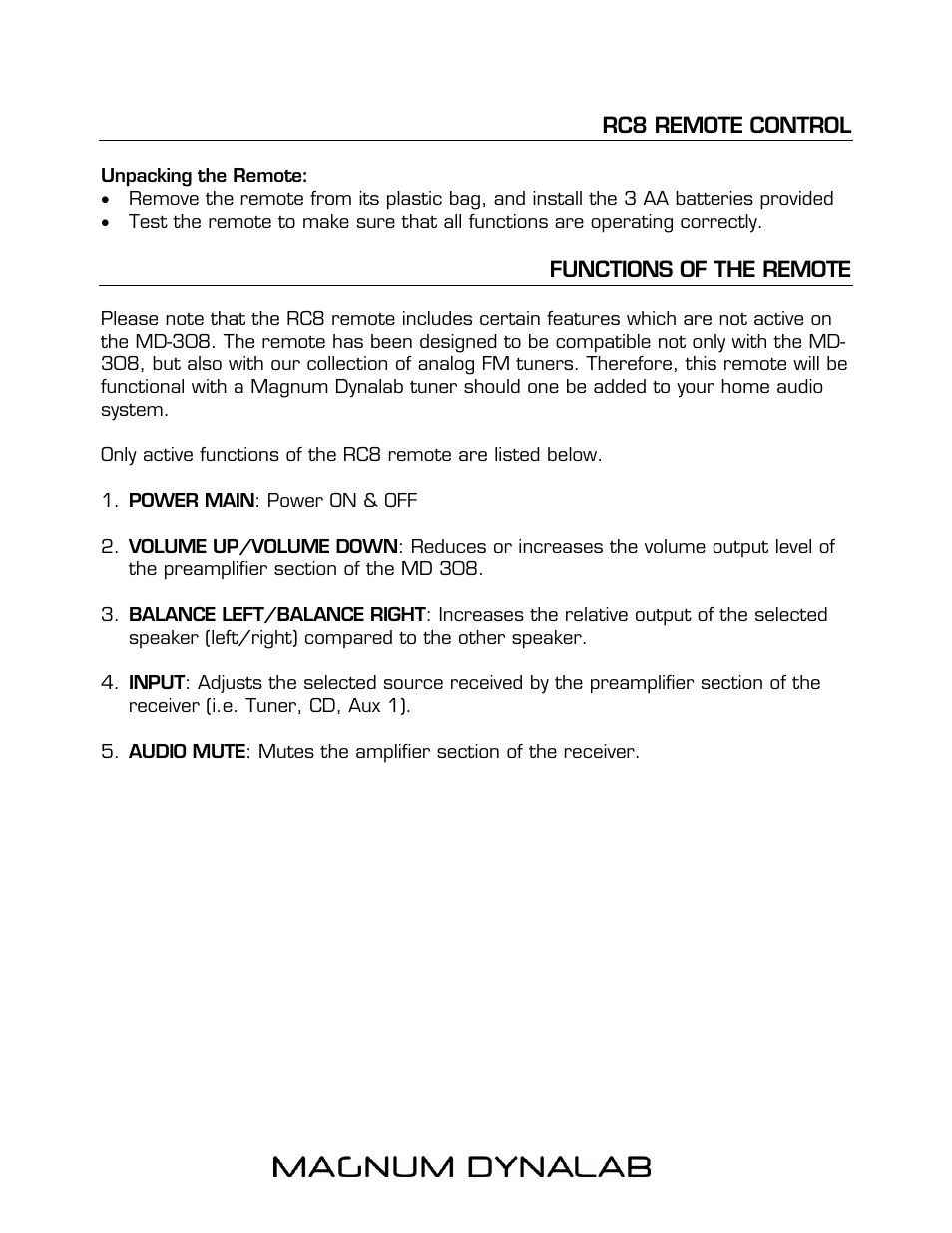 Rc8 remote control, Functions of the remote, Remote control | Magnum Dynalab MD-308 User Manual | Page 9 / 12
