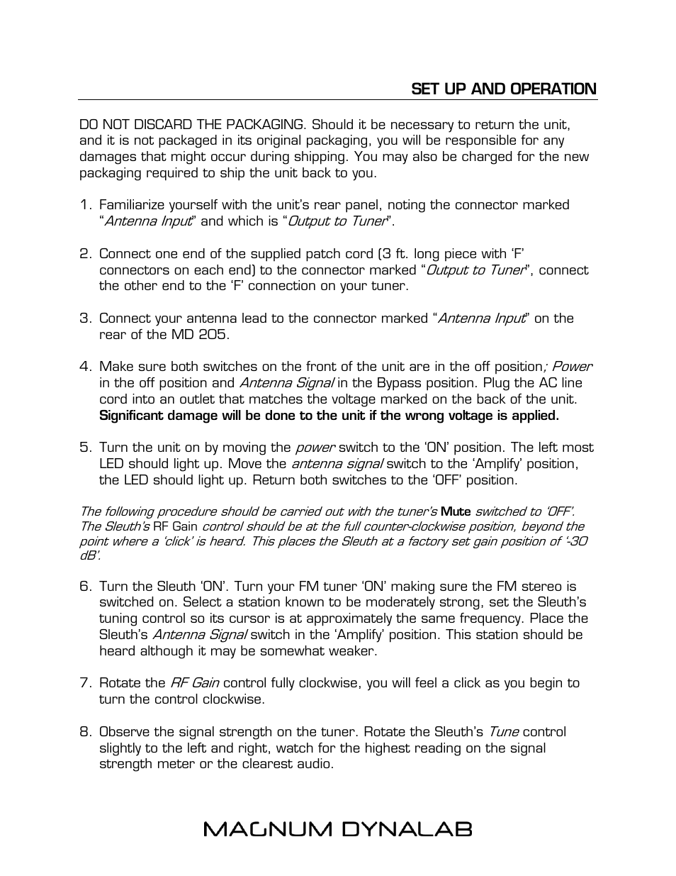Set up and operation | Magnum Dynalab MD-205 - Signal Sleuth User Manual | Page 4 / 8