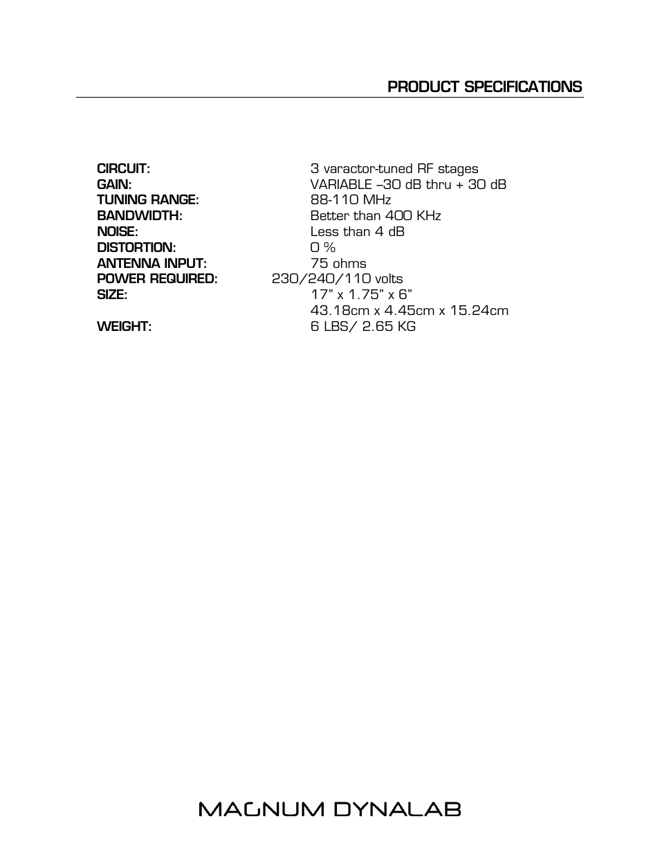Product specifications | Magnum Dynalab MD-205 - Signal Sleuth User Manual | Page 6 / 8